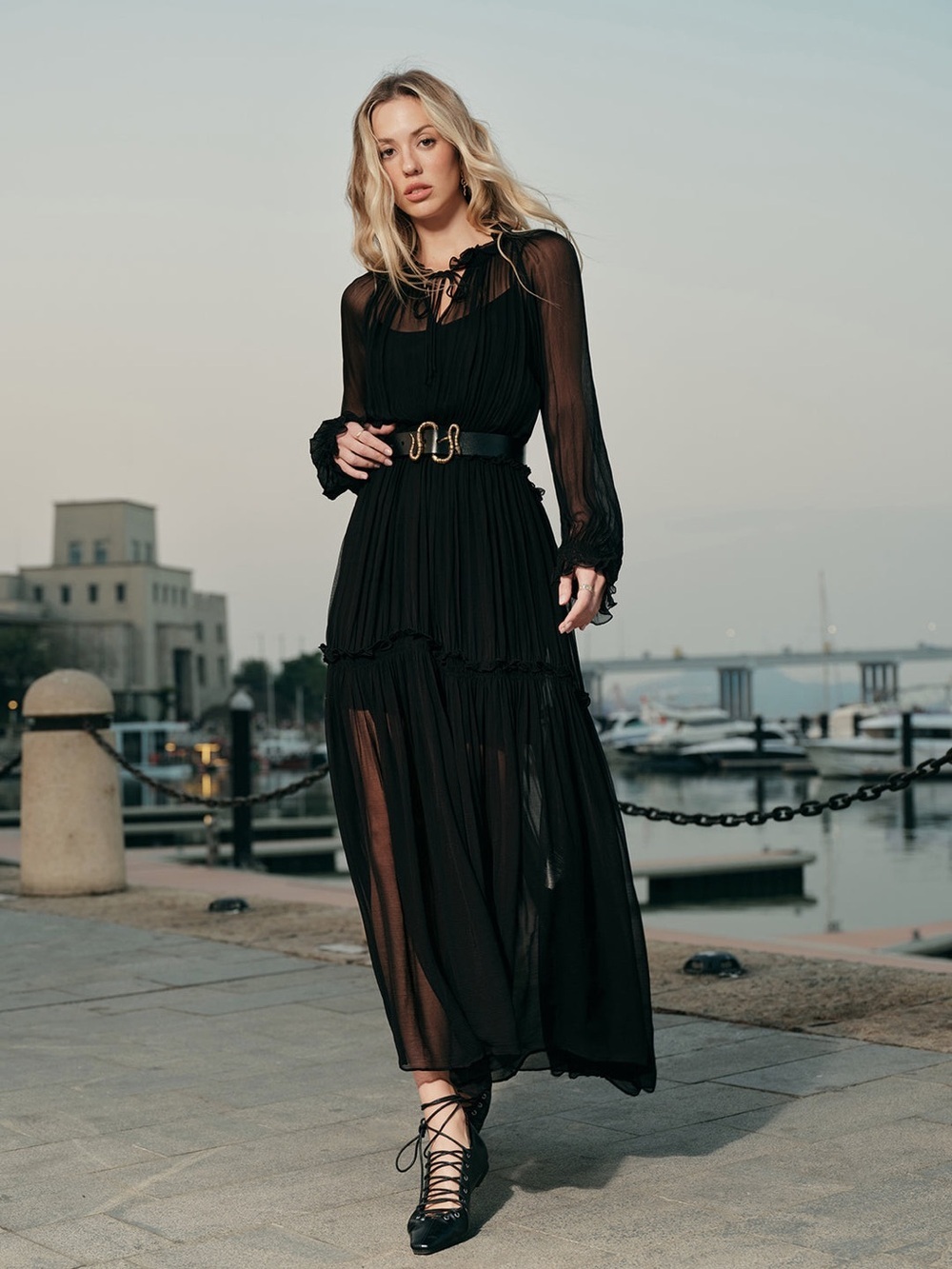 Commense Chiffon Ruched Dress with Tie Neck